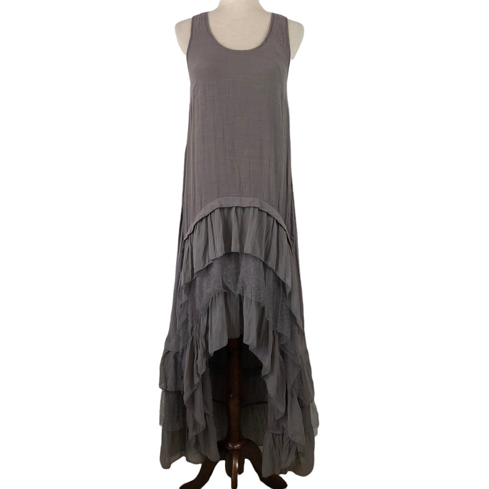 Anthropologie A’Reve Grey Taupe High Low Boho Lace Tiered Ruffle Dress - Picture 2 of 11